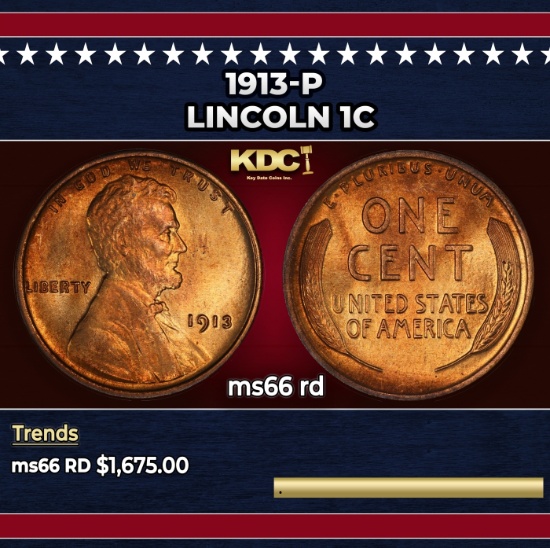 1913-p Lincoln Cent 1c ms66 rd SEGS