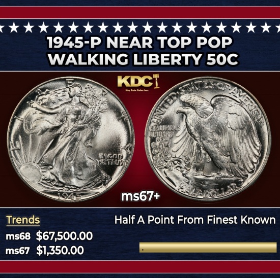 1945-p Walking Liberty Half Dollar Near Top Pop 50c ms67+ SEGS