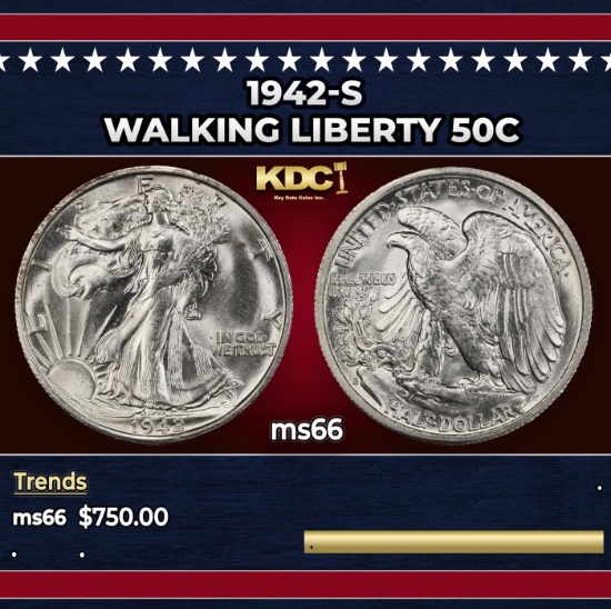 1942-s Walking Liberty Half Dollar 50c Grades ms66