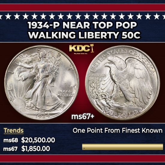 1934-p Walking Liberty Half Dollar Near Top Pop 50c ms67+ SEGS