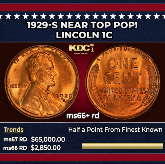 1929-s Lincoln Cent Near Top Pop! 1c ms66+ rd SEGS