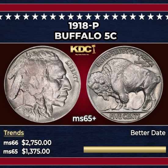 1918-p Buffalo Nickel 5c ms65+ SEGS