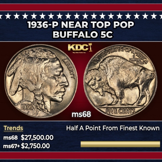 1936-p Buffalo Nickel Near Top Pop 5c ms68 SEGS