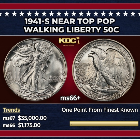 1941-s Walking Liberty Half Dollar Near Top Pop 50c ms66+ SEGS