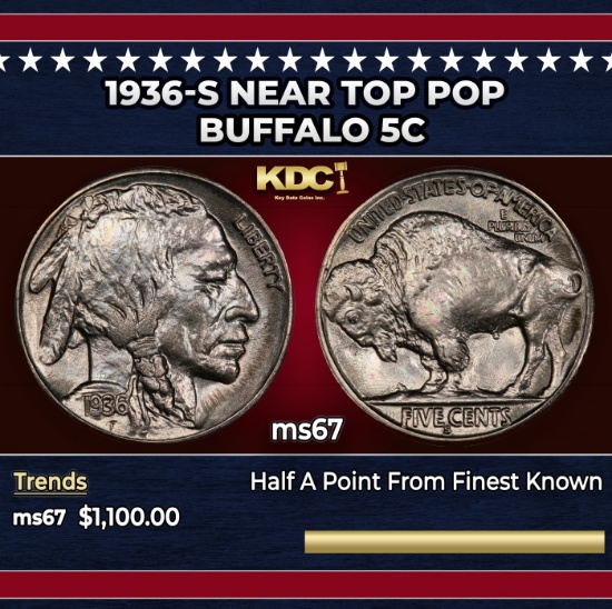1936-s Buffalo Nickel Near Top Pop 5c ms67 SEGS