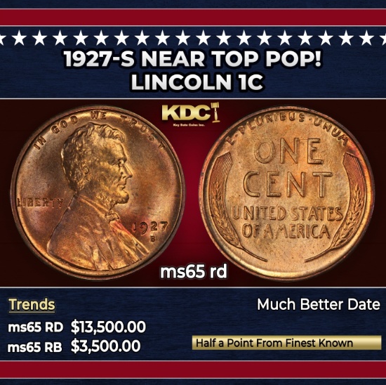 1927-s Lincoln Cent Near Top Pop! 1c ms65 rd SEGS