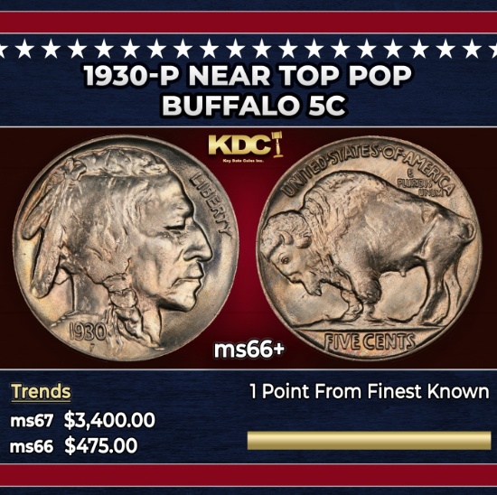 1930-p Buffalo Nickel Near Top Pop 5c ms66+ SEGS