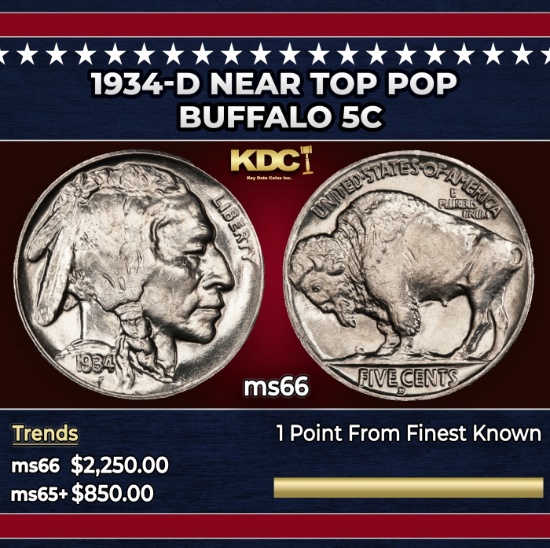 1934-d Buffalo Nickel Near Top Pop 5c ms66 SEGS