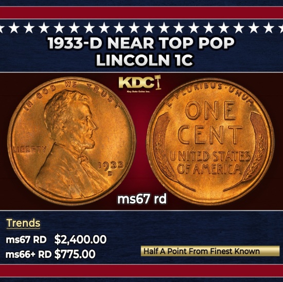 1933-d Lincoln Cent Near Top Pop 1c ms67 rd SEGS