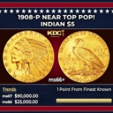 1908-p Gold Indian Half Eagle Near Top Pop! $5 ms66+ USCG