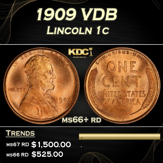 1909 VDB Lincoln Cent 1c ms66+ rd SEGS