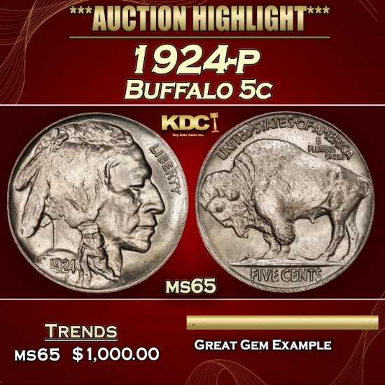 1924-p Buffalo Nickel 5c ms65 SEGS
