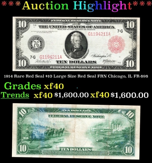 1914 $10 Large Size Red Seal FRN Rare Red Seal Chicago, IL Grades xf FR-898