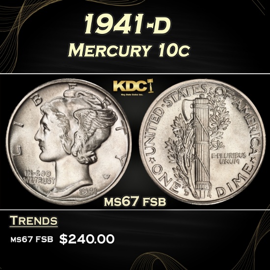1941-d Mercury Dime 10c ms67 fsb SEGS