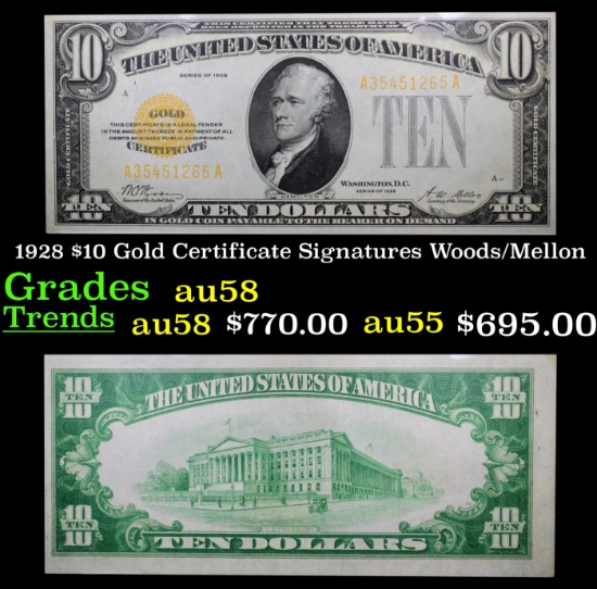 1928 $10 Gold Certificate Signatures Woods/Mellon Grades Choice AU/BU Slider