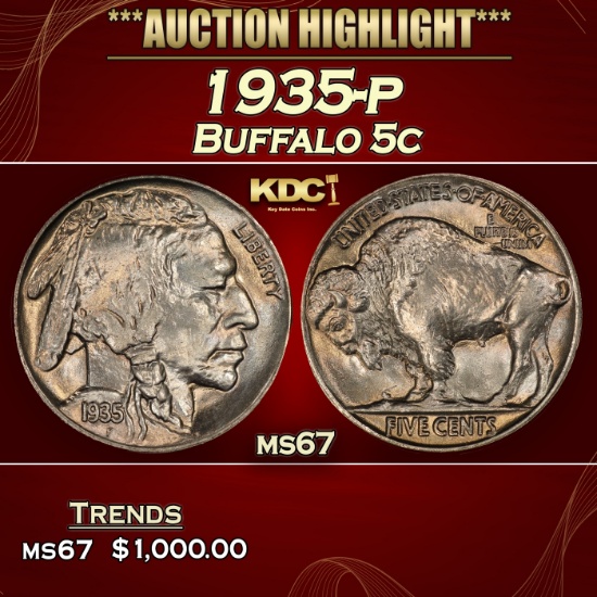 1935-p Buffalo Nickel 5c ms67 SEGS