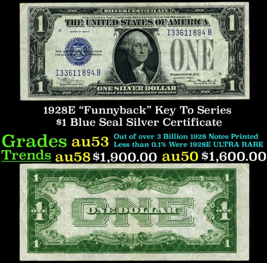 1928E $1 Blue Seal Silver Certificate "Funnyback" Key To Series Grades Select AU