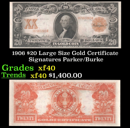 1906 $20 Large Size Gold Certificate Grades xf Signatures Parker/Burke