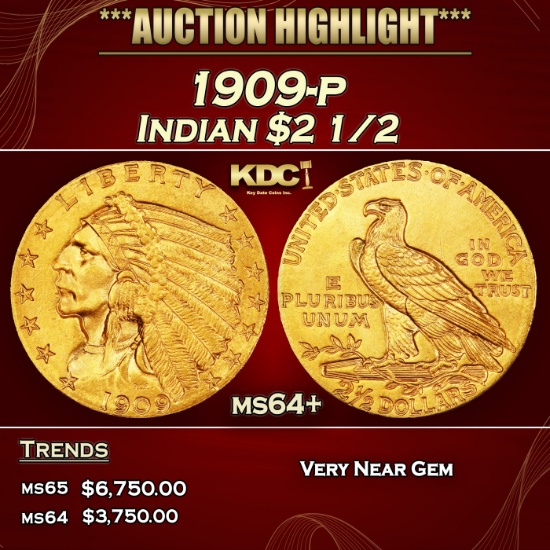 1909-p Gold Indian Quarter Eagle $2 1/2 ms64+ SEGS