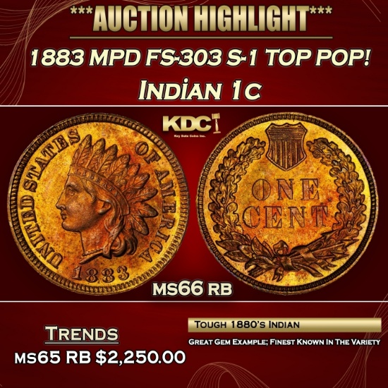 1883 Indian Cent MPD FS-303 S-1 TOP POP! 1c ms66 rb SEGS