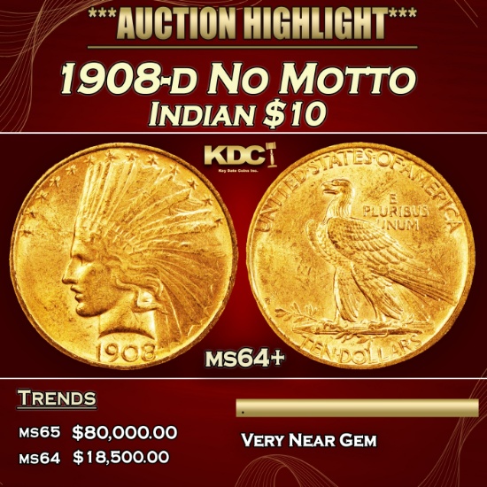 1908-d No Motto Gold Indian Eagle $10 ms64+ SEGS