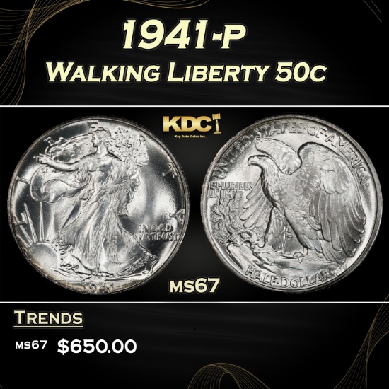 1941-p Walking Liberty Half Dollar 50c ms67 SEGS