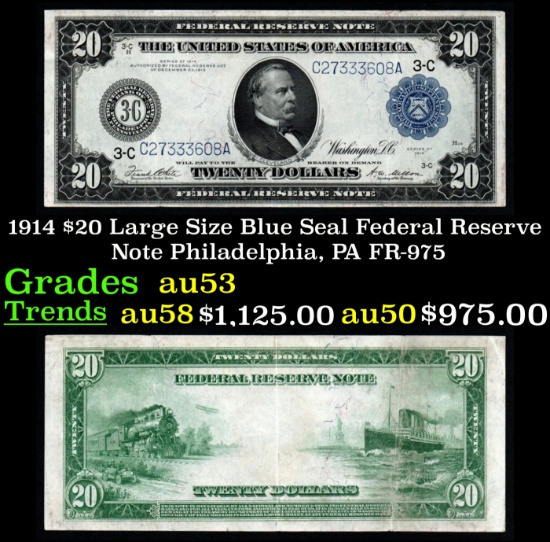 1914 $20 Large Size Blue Seal Federal Resrve Note Philadelphia, PA Grades Select AU FR-975