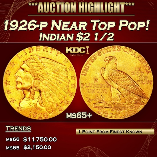 1926-p Gold Indian Quarter Eagle Near Top Pop! $2 1/2 ms65+ SEGS