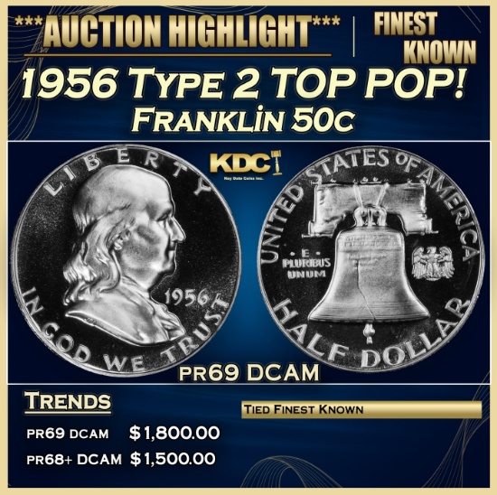 1956 Type 2 Proof Franklin Half Dollar TOP POP! 50c pr69 DCAM SEGS