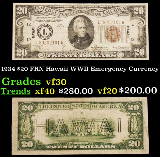 1934 $20 FRN Hawaii WWII Emergency Currency Grades vf++