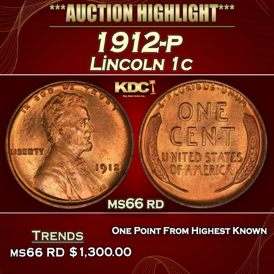 1912-p Lincoln Cent 1c ms66 rd SEGS