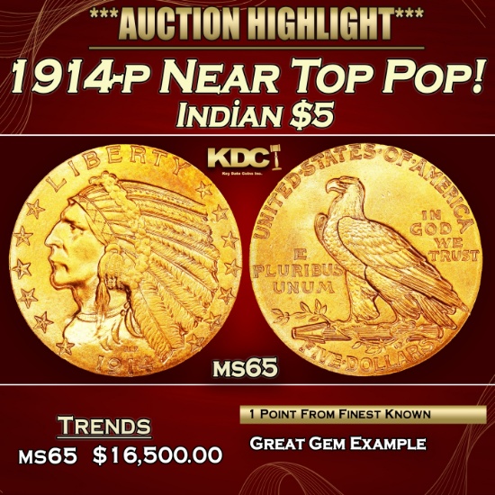 1914-p Gold Indian Half Eagle Near Top Pop! $5 ms65 USCG