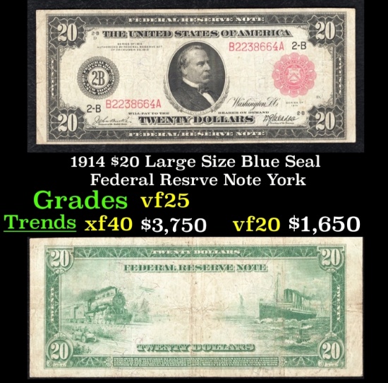 1914 $20 Large Size Blue Seal Federal Resrve Note Grades vf+ York