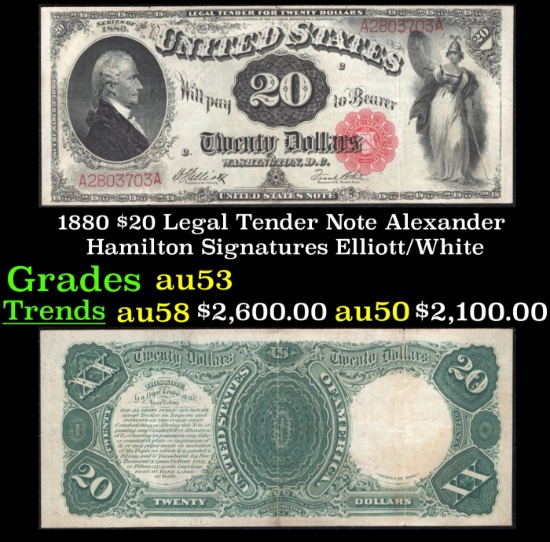 1880 $20 Legal Tender Note Alexander Hamilton Grades Select AU Signatures Elliott/White