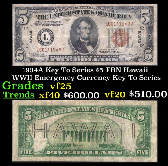 1934A $5 FRN Hawaii WWII Emergency Currency Key To Series Key To Series Grades vf+