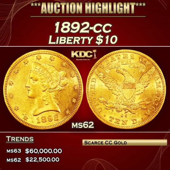 1892-cc Gold Liberty Eagle $10 ms62 USCG