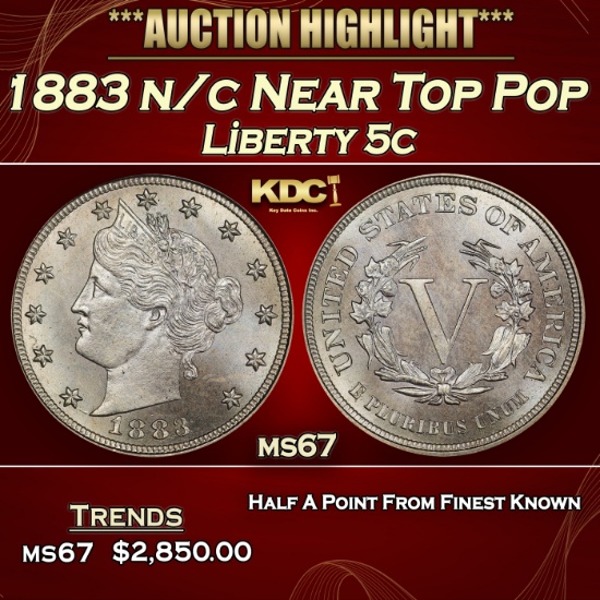 1883 n/c Liberty Nickel Near Top Pop 5c ms67 SEGS