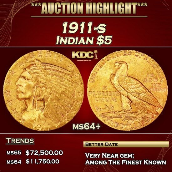 1911-s Gold Indian Half Eagle $5 ms64+ USCG