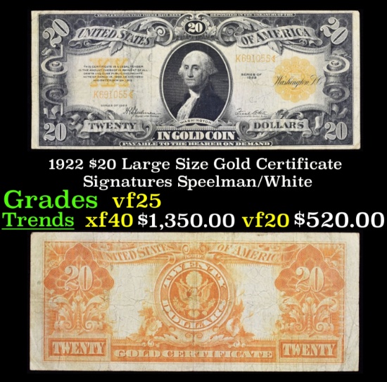 1922 $20 Large Size Gold Certificate Grades vf+ Signatures Speelman/White