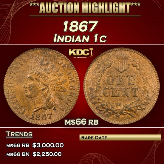 1867 Indian Cent 1c Grades ms66 rb