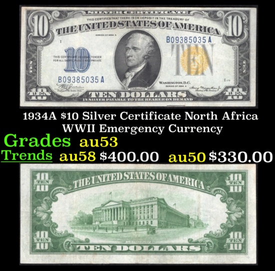1934A $10 Silver Certificate North Africa WWII Emergency Currency Grades Select AU