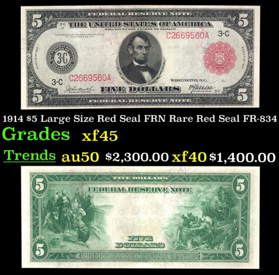 1914 $5 Large Size Red Seal FRN Rare Red Seal Grades xf+ FR-834