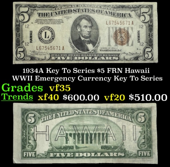 1934A $5 FRN Hawaii WWII Emergency Currency Key To Series Key To Series Grades vf++