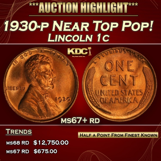 1930-p Lincoln Cent Near Top Pop! 1c ms67+ rd SEGS
