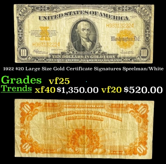 1922 $20 Large Size Gold Certificate Grades vf+ Signatures Speelman/White