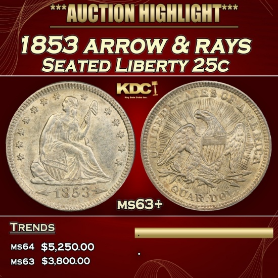 1853 arrow & rays Seated Liberty Quarter 25c ms63+ SEGS