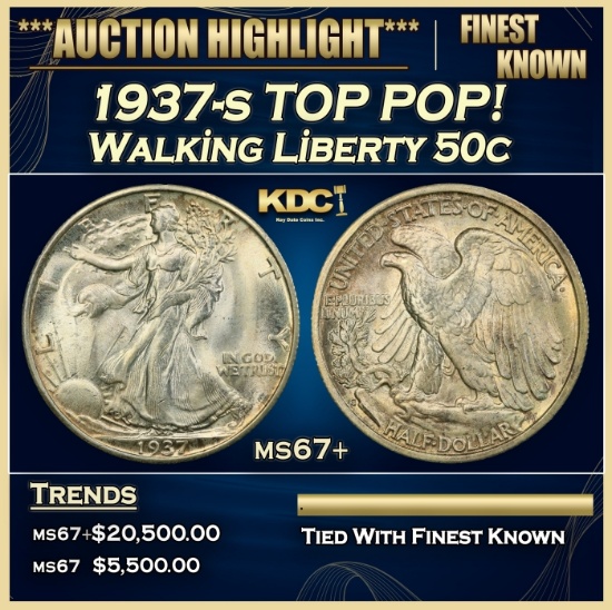 1937-s Walking Liberty Half Dollar TOP POP! 50c ms67+ SEGS