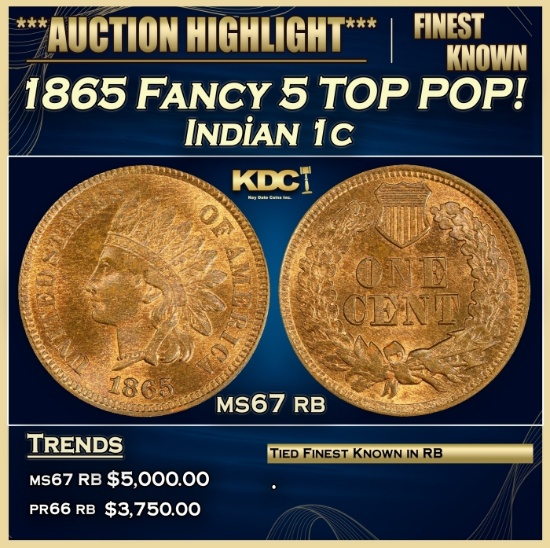 1865 Fancy 5 Indian Cent TOP POP! 1c ms67 rb SEGS
