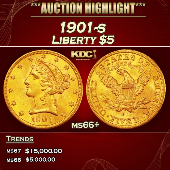 1901-s Gold Liberty Half Eagle $5 ms66+ SEGS