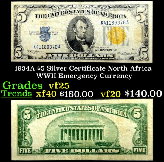 1934A $5 Silver Certificate North Africa WWII Emergency Currency Grades vf+